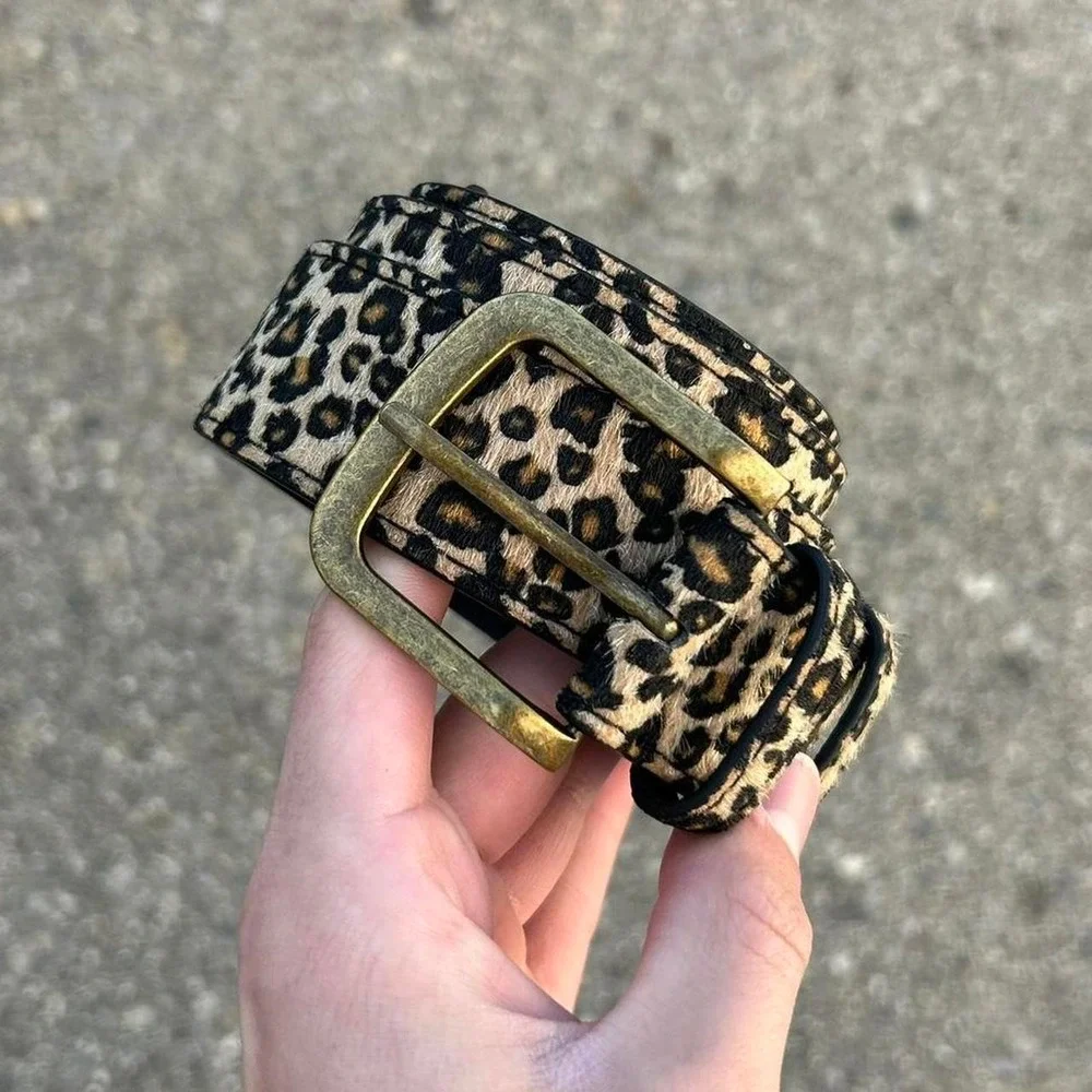 Vintage style cheetah leopard print fur belt american western boho black and tan